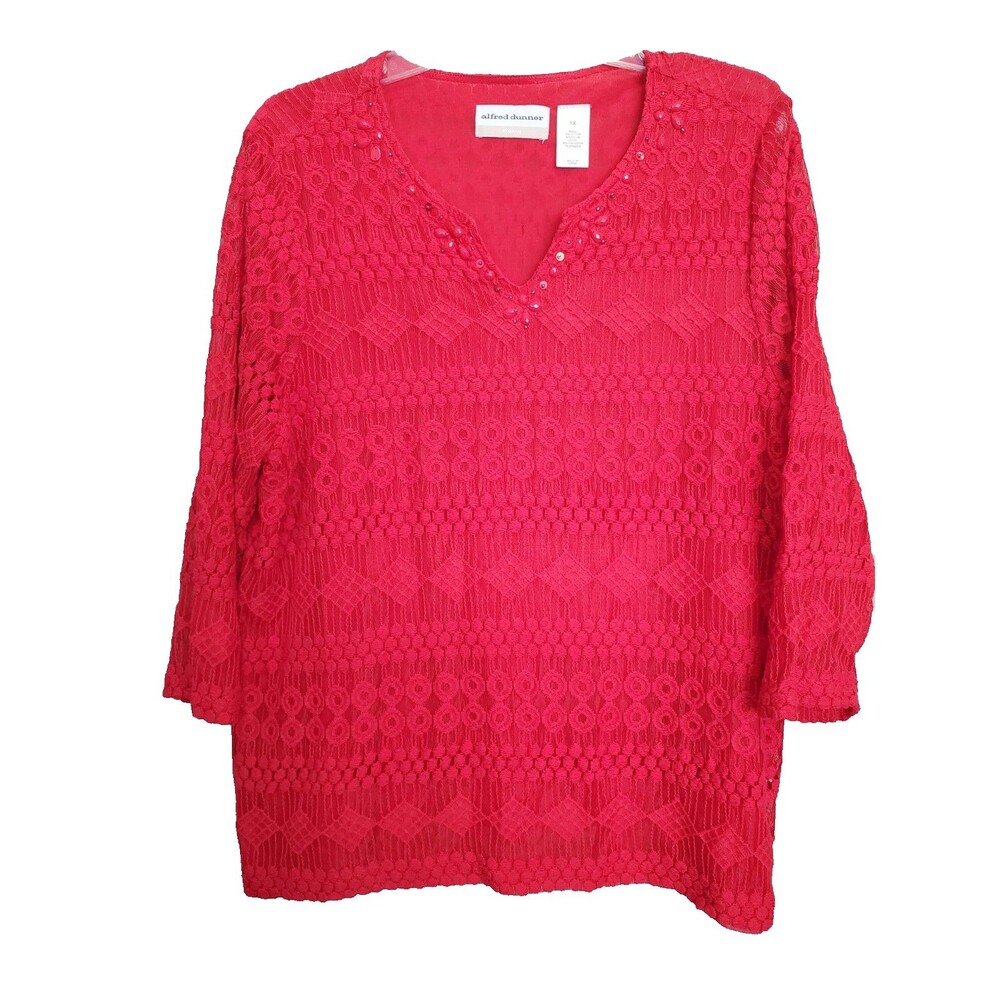 Alfred Dunner Woman Red Crochet Lace Overlay Studded Split Neck Tunic Size 1X
